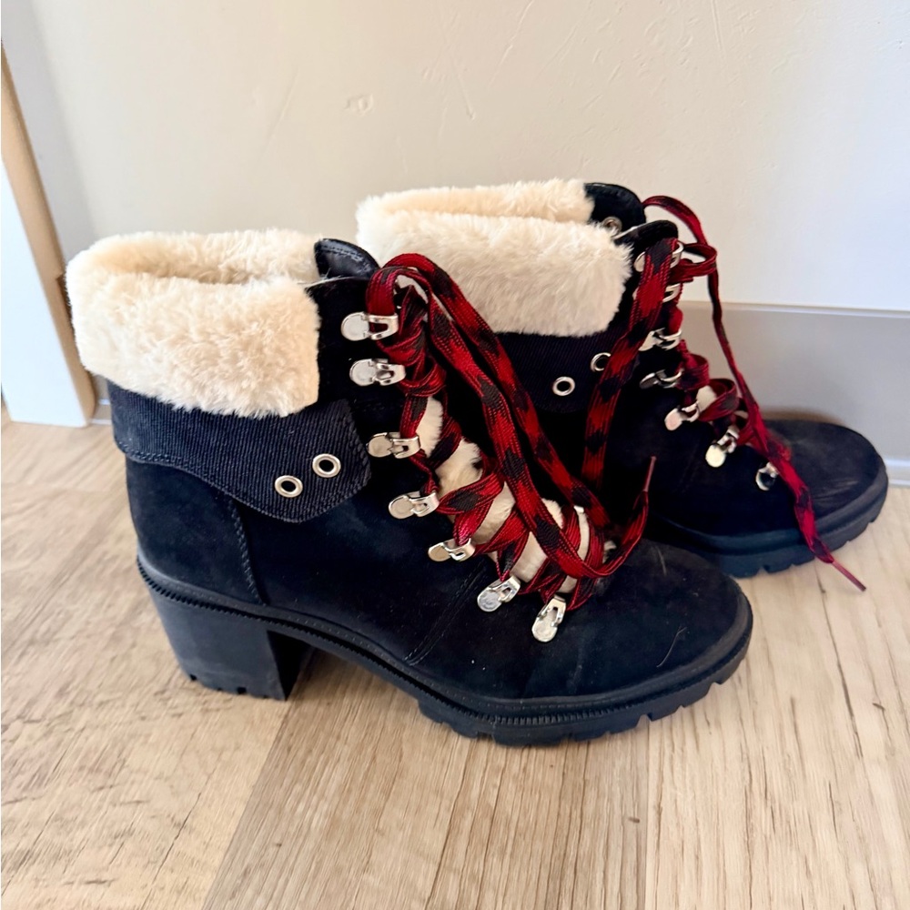 Faux Fur-Lined Black Suede Heel Boot with Red Plaid Laces